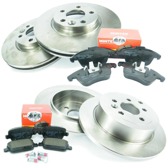 Direct Replacement Brake Disc & Pad Kit, front and rear brake discs and brake pads for Freelander 2, shown with metallic brake rotors, matching brake pads, and mounting hardware.