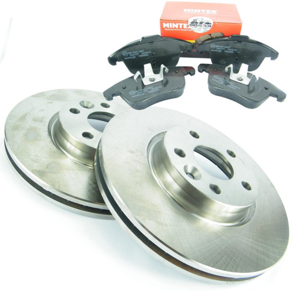 Direct Replacement Front Brake Disc And Brake Pad Kit for Freelander 2, metal brake discs and black brake pads with metal clips.