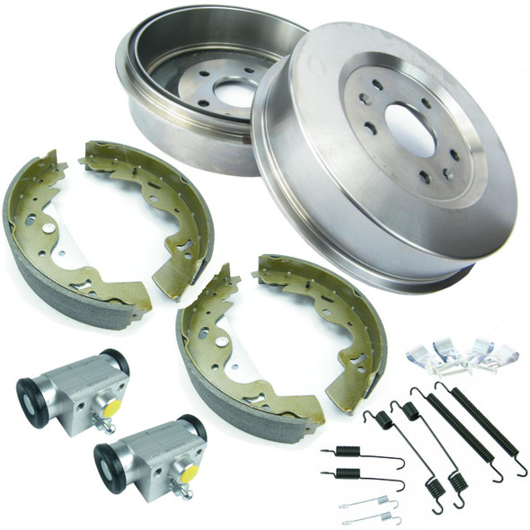 Direct Replacement Rear Brake Drums & Shoes Overhaul Kit for Freelander 1 Td4, image showing brake drums, shoes, brake wheel cylinders, and hardware components.