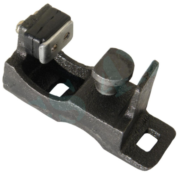 Direct Replacement Rear Safari Door Latch Striker Plate for Defender, close-up of the metal latch plate with black and silver components and mounting holes.