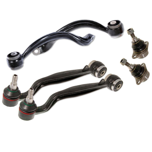 Product: Front Suspension Control Arm Kit for Range Rover L322, image shows black upper and lower control arms with ball joints included.