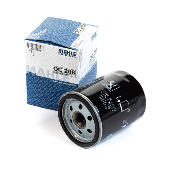 Mahle Engine Oil Filter MAHLE OEM for Discovery 2 & Defender Td5, black cylindrical oil filter with metal top and markings, next to blue and white Mahle filter box with product details.