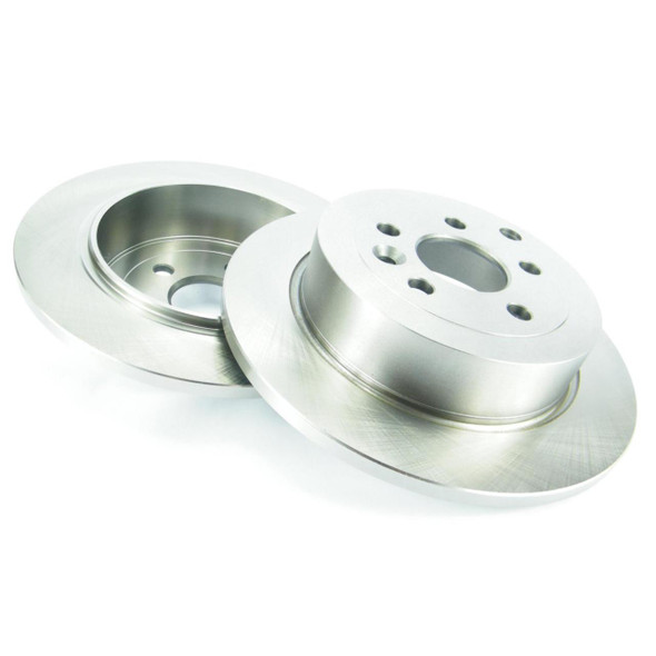 Direct Replacement Rear Brake Discs for Freelander 2, pair of shiny metallic rear brake discs with ventilated design and drilled holes for improved braking performance.