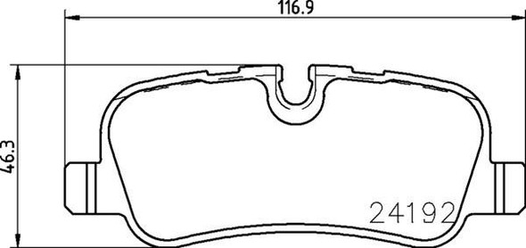 Mintex Front Brake Pads for Freelander 2, technical drawing showing the dimensions and shape of the brake pad.