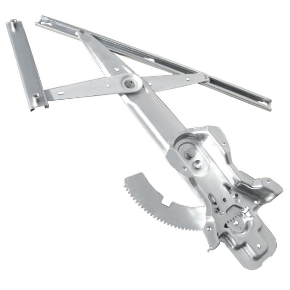 Direct Replacement Window Regulator Front Right for Discovery 1, metallic silver window regulator mechanism with gears and arms for vehicle window operation.