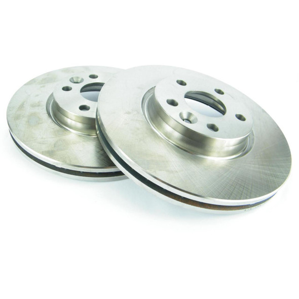 Direct Replacement Front Brake Discs for Freelander 2, pair of shiny automotive brake discs with a smooth surface and central hole for mounting.