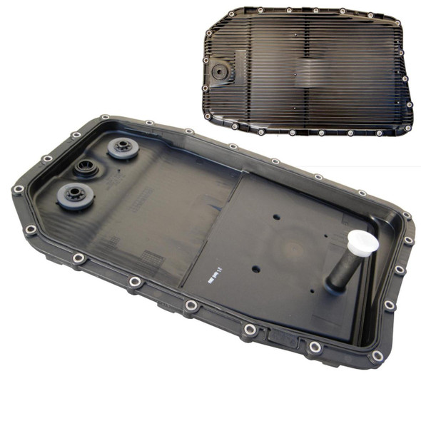 Direct Replacement ZF 6HP26 Auto Transmission Filter for Discovery 3 & 4, automotive transmission filter and pan set with filter element in black plastic.
