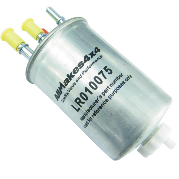Direct Replacement Diesel Fuel Filter for Discovery 3/Range Rover Sport 2.7 TDV6, metallic fuel filter with yellow and silver fittings.