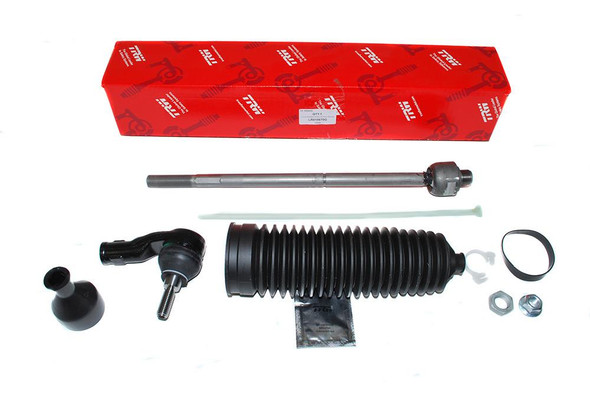 TRW Steering Left Hand Rack Track Tie Rod End Repair Kit | TRW (LR010670G) for Discovery 3, image showing a repair kit with various steering components including a tie rod, bellows, and installation hardware.