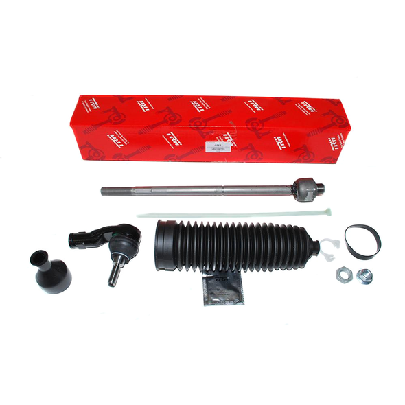 TRW Steering Left Hand Rack Track Tie Rod End Repair Kit | TRW (LR010670G) for Discovery 3, image showing a repair kit with various steering components including a tie rod, bellows, and installation hardware.