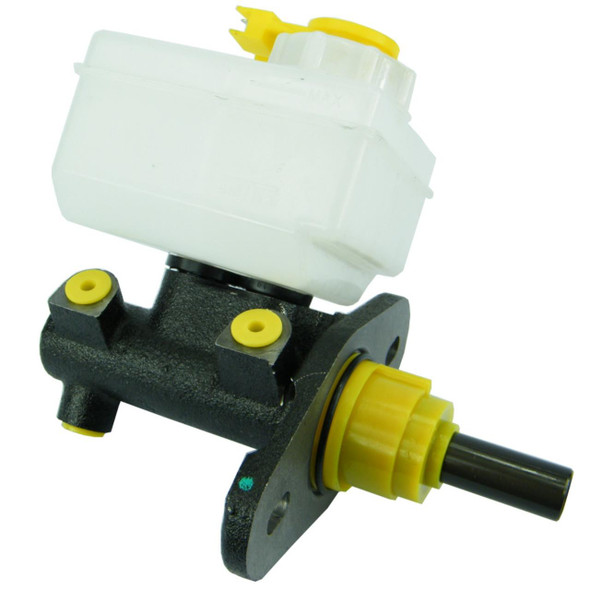 Direct Replacement Brake Master Cylinder for Defender, automotive brake master cylinder with black and yellow components and plastic reservoir for vehicle braking system.