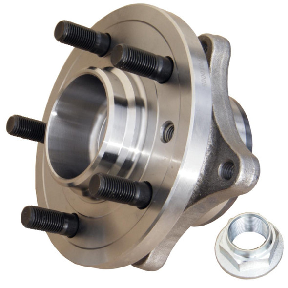 Direct Replacement Front Wheel Bearing and Hub Kit for Discovery 3/4 and Range Rover Sport L320, close-up of a metallic wheel hub assembly with five attachment bolts and a separate nut.