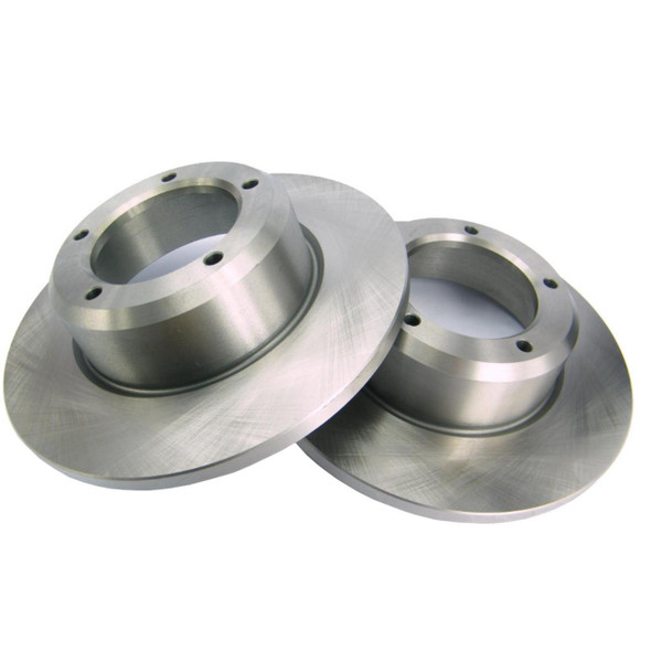 Direct Replacement Front Brake Disc Solid x2 for Defender & Discovery 1, two automotive brake discs made of metal with a smooth, shiny surface and multiple bolt holes for installation.