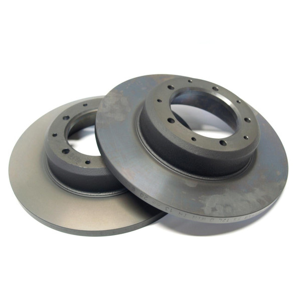 Product: Rear Brake Discs Pair Solid x2 for Defender 110 & 130, image shows two solid metal rear brake discs with bolt holes for vehicle mounting.