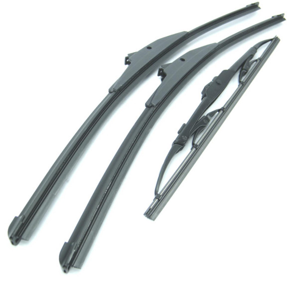 Bosch Wiper Blade Set Front & Rear Bosch for Discovery 3 & 4, car windshield wiper blades with black rubber and metal frames.