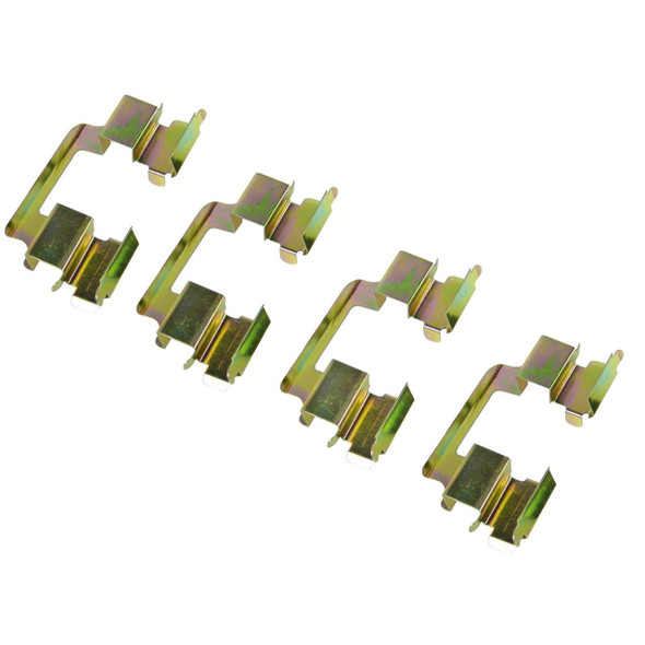 Product: Rear Brake Pad Retainer Clips, Image shows a set of four metallic clips designed for the Discovery 3/4 Range Rover & Sport (2004-2016), LR019626.