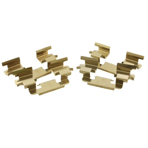 Direct Replacement Front Brake Pad Springs for Freelander 1 Td4, two gold-coloured metal brake pad springs for vehicle brake system.