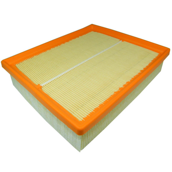 Direct Replacement Air Filter 2.5TD & V8 1998-2002 for Range Rover P38, automotive air filter with pleated paper design in a rectangular shape with orange border.