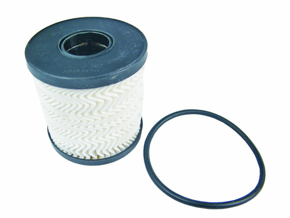 Direct Replacement Engine Oil Filter 2.2.4 TD4 Puma for Defender, image showing a cylindrical engine oil filter with a black top and a white pleated filter element, accompanied by a black rubber O-ring seal.