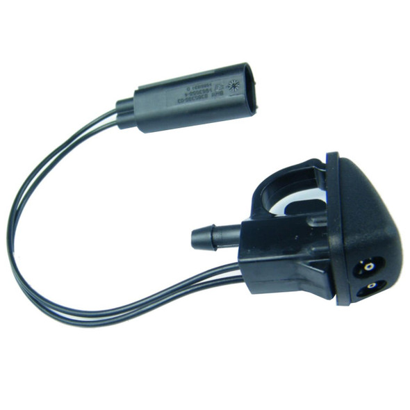 Direct Replacement Twin Jet Windscreen Washer Jet Heated for Range Rover Sport, black plastic heated washer jet with attached wiring for vehicle installation.