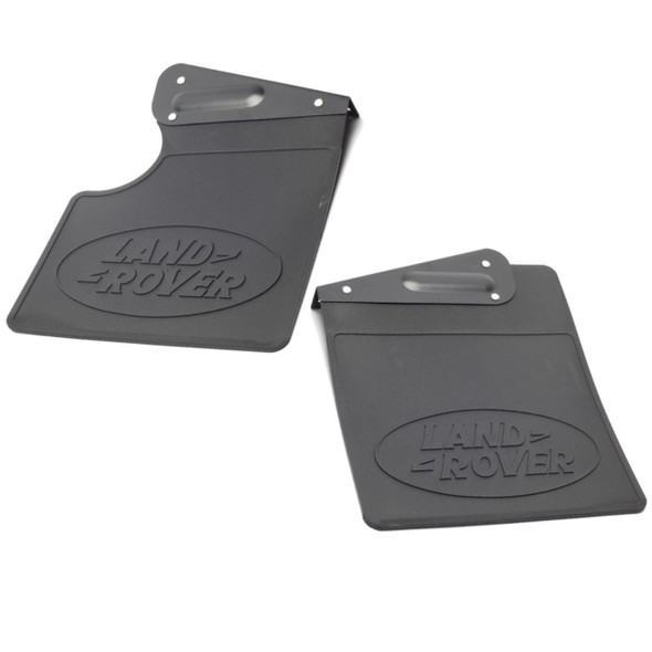 Genuine Land Rover Genuine Rear Mud Flaps - LR055340 LR055332 for Defender 90 TD5 TDCi Puma, black rear mud flaps with Land Rover logo embossed, designed to protect vehicle from mud and debris.