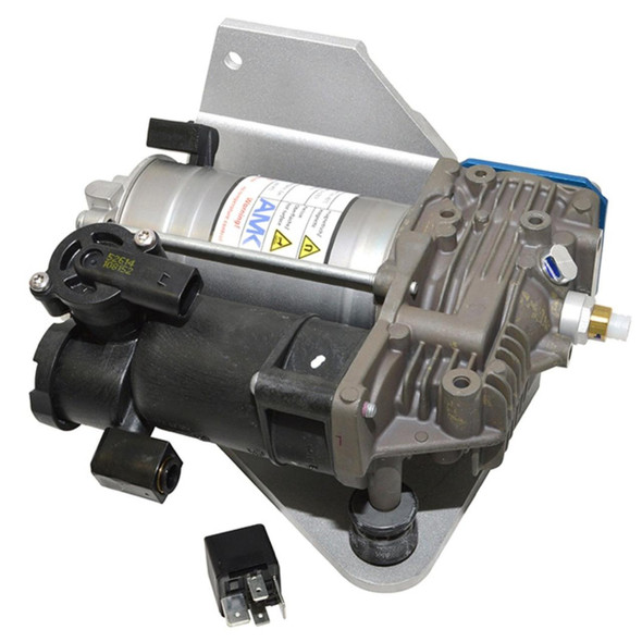 AMK Air Suspension Compressor, genuine AMK compressor for Discovery 3 vehicle, with metallic housing, electrical connectors, and mounting bracket.