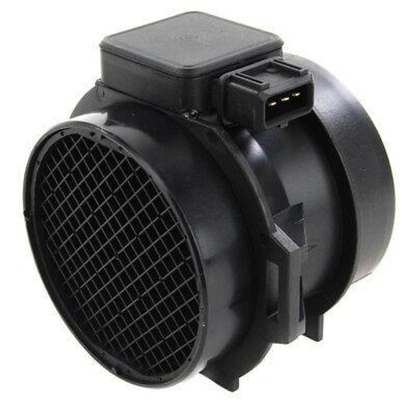 VDO Siemens VDO/Continental Mass Air Flow Sensor for Defender & Discovery 2 Td5, black plastic automotive sensor with connector and grid sensor opening.