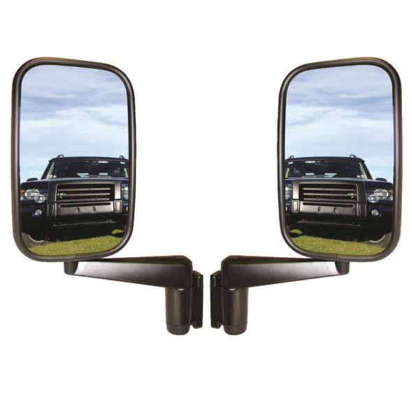 Direct Replacement Door Wing Mirrors with Arms (Pair) - MTC5217 for Defender 90/110/130, side view of two black wing mirrors showing reflective surfaces reflecting a Land Rover Defender vehicle on grassy terrain under a blue sky.