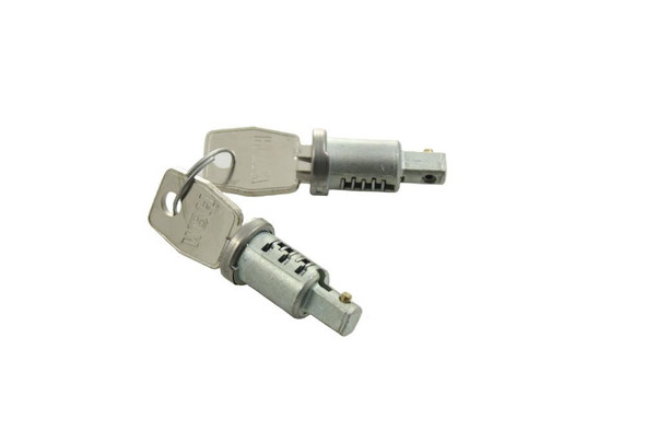 Product: Direct Replacement Lock And Keys - 2 Barrels 2 Keys - Without Steering Column Lock for Defender, image description: close-up of two metal lock barrels with keys attached, isolated on white background.