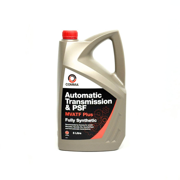 Comma  Automatic Transmission & PSF Fully Synthetic Dexron 6 Fluid 5L, image of a 5-liter grey plastic container with a red cap and label indicating its use for automatic transmission fluid.