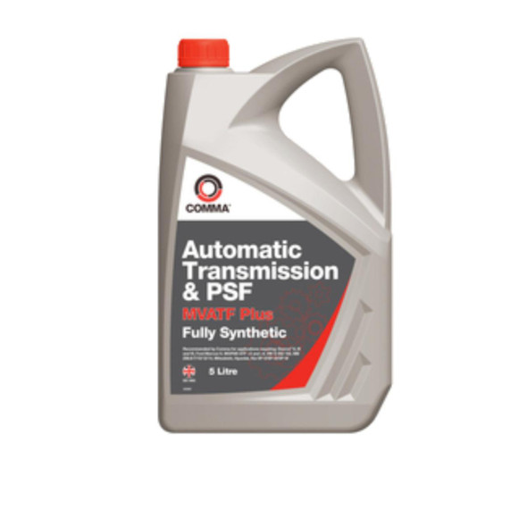 Comma COMMA Automatic Transmission & PSF Fully Synthetic Dexron 6 Fluid 5L, image of a 5-liter gray plastic container with a red cap and label indicating its use for automatic transmission fluid.