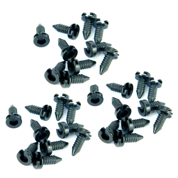 Product: Direct Replacement Door Panel Trim Card Fir Tree Fastener x30 for Defender, black plastic fasteners for vehicle door panel trim, shown in a scattered arrangement on a white background.