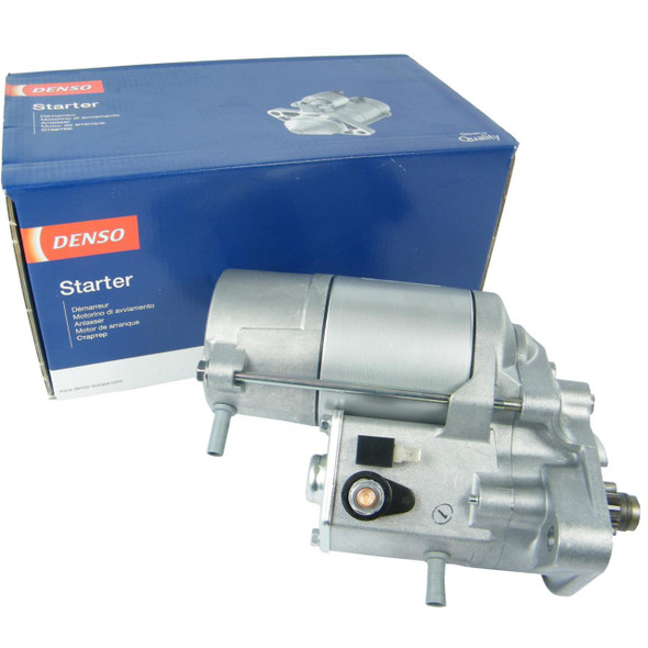 Denso Starter Motor for Freelander 1 with 2.0 TD4 Diesel Engine, NAD101500, shown with its blue packaging box, metallic silver finish, and electrical connections.