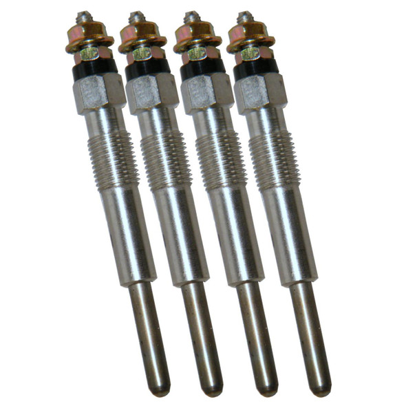 Direct Replacement Pack of Four Glow Plugs for Freelander 1 2.0L Rover Diesel Engine 1996-2000, image showing four metallic glow plugs with threaded shafts and electrical connectors.