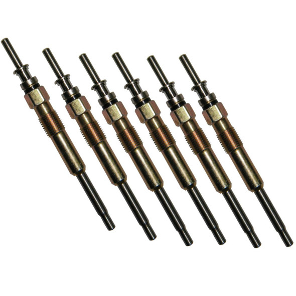 Product: Pack of Six Glow Plugs for Range Rover L322 3.0 Td6 6 Cyl BMW M57 Diesel Engine, image shows six new glow plugs lined up with metallic bodies and slender tips.