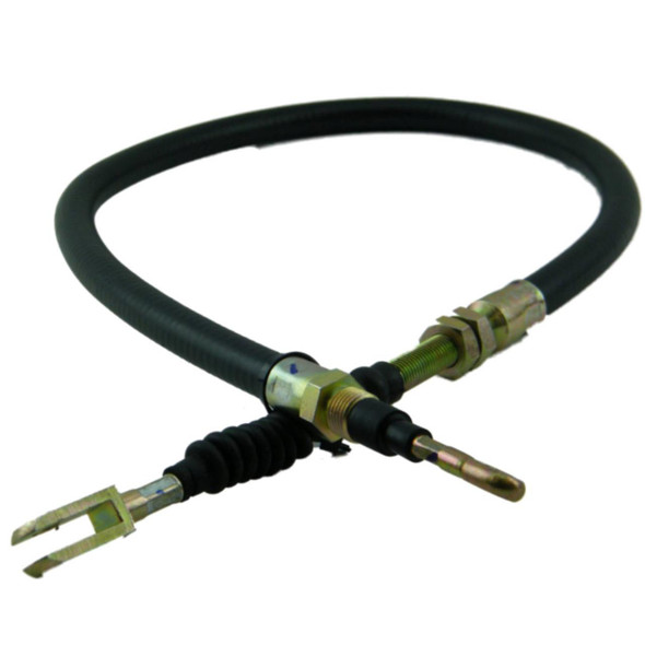 Direct Replacement Early Hand Brake Cable for Defender, black flexible cable for hand brake with metal ends and protective rubber sleeves.