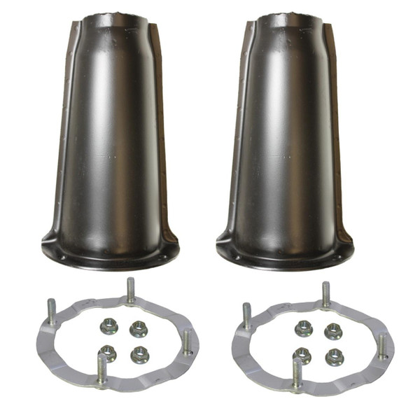 Direct Replacement Front Shock Absorber Turrets & Securing Rings, complete kit for Defender & Discovery 1, with black shock absorber turrets and silver securing rings with bolts, designed for vehicle suspension repair.