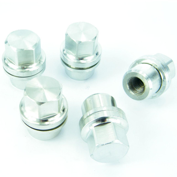 Direct Replacement Alloy Wheel Nut 27mm x5 for Defender & Discovery 1, set of five shiny aluminum wheel nuts with 27mm size for vehicle wheel attachment.