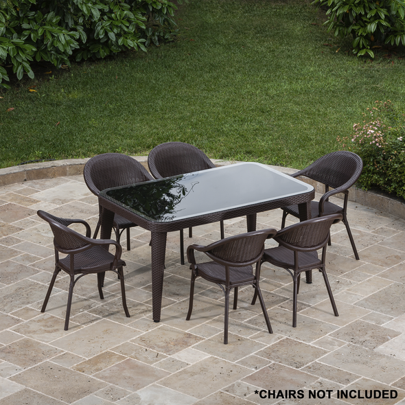 Dellonda Weather-Resistant Polypropylene/Fibreglass Dining Table with Tempered Glass Top - Dark Brown