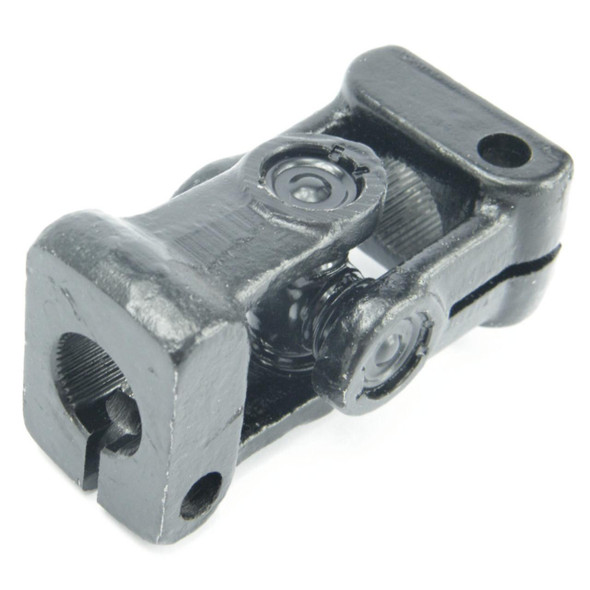 Direct Replacement Steering Shaft Universal Joint Lower for Defender, close-up of the black metal steering shaft component with ball joint hinges and threaded openings.