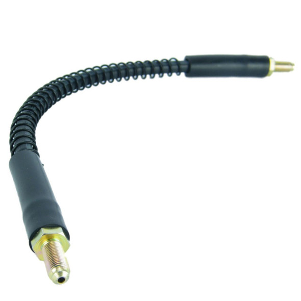 Direct Replacement Front Brake Hose Flexi Pipe for Defender, black flexible brake hose pipe with metal fittings and protective rubber casing.