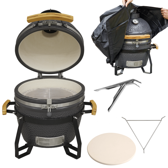 Dellonda Deluxe 16"(40cm) Ceramic Kamado Style BBQ, Cover, Grid Gripper, Heat Deflector & Heat Deflector Support