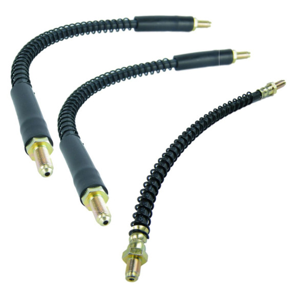 Direct Replacement Front & Rear Brake Hose Flexi Pipes for Defender 90, set of three flexible brake hose pipes with metal fittings and protective sheathing.