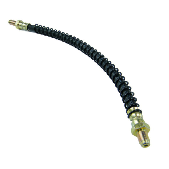 Direct Replacement Rear Flexi Brake Hose Pipe for Defender 90, image showing a black, coiled flexible brake hose pipe with metal fittings at both ends.