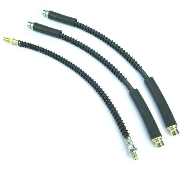 Direct Replacement Brake Hose Flexi Pipe Set for Discovery 1, flexible black brake hoses with metal fittings for vehicle brake system.