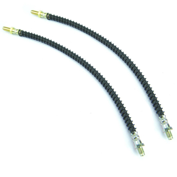 Direct Replacement Rear Brake Flexi Hose Pipe x2 (With ABS) for Discovery 1, black flexible brake hoses with brass fittings.