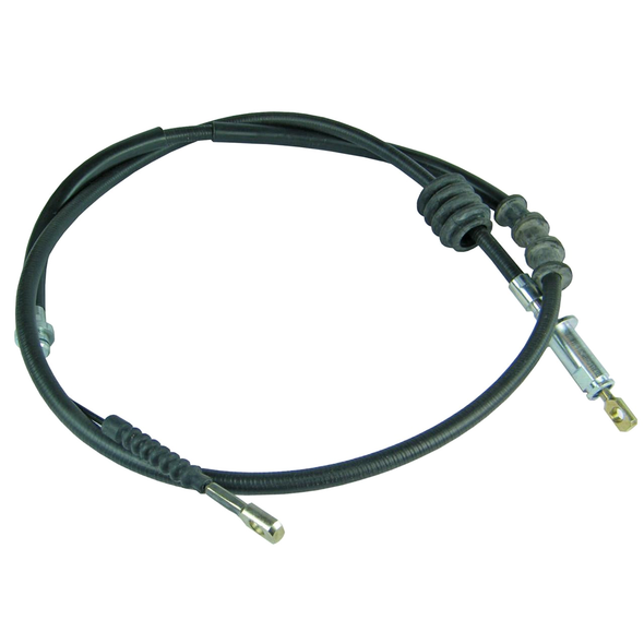 Direct Replacement Handbrake Cable for Discovery 1/Range Rover Classic, automotive handbrake cable with metal fittings and protective rubber boot.