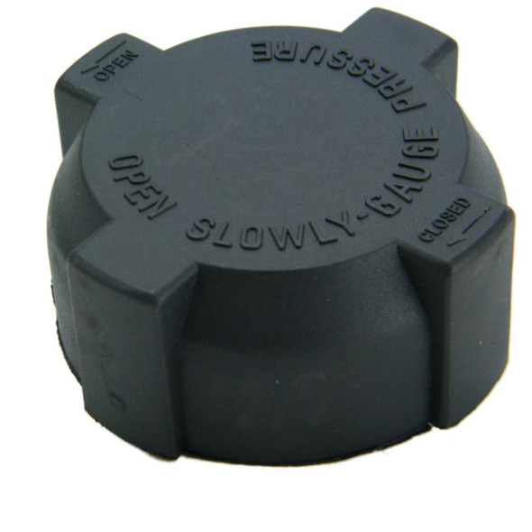 Direct Replacement Coolant Expansion Header Tank Cap for Defender Tdi, close-up view of a black plastic radiator cap with embossed text and angular grips. Direct Replacement Coolant Expansion Header Tank Cap for Defender Tdi, close-up view of a black plastic radiator cap with embossed text and angular grips.