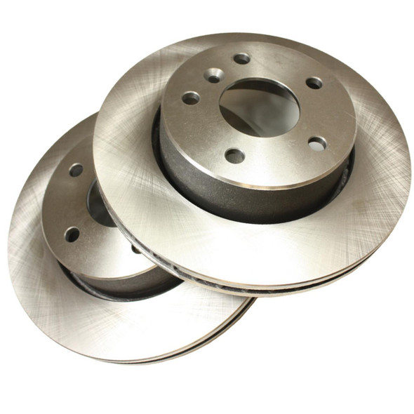 Direct Replacement Front Brake Discs x 2 for Range Rover P38, image of two metallic brake discs with vented design and drilled holes for installation.