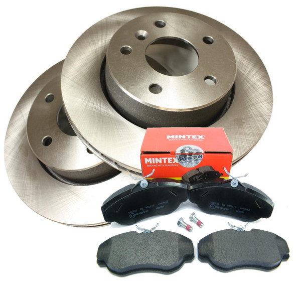 Direct Replacement Front Brake Disc & MINTEX Brake Pad Kit for Range Rover P38, including two vented brake discs, two brake pads, bolts, and packaging.
